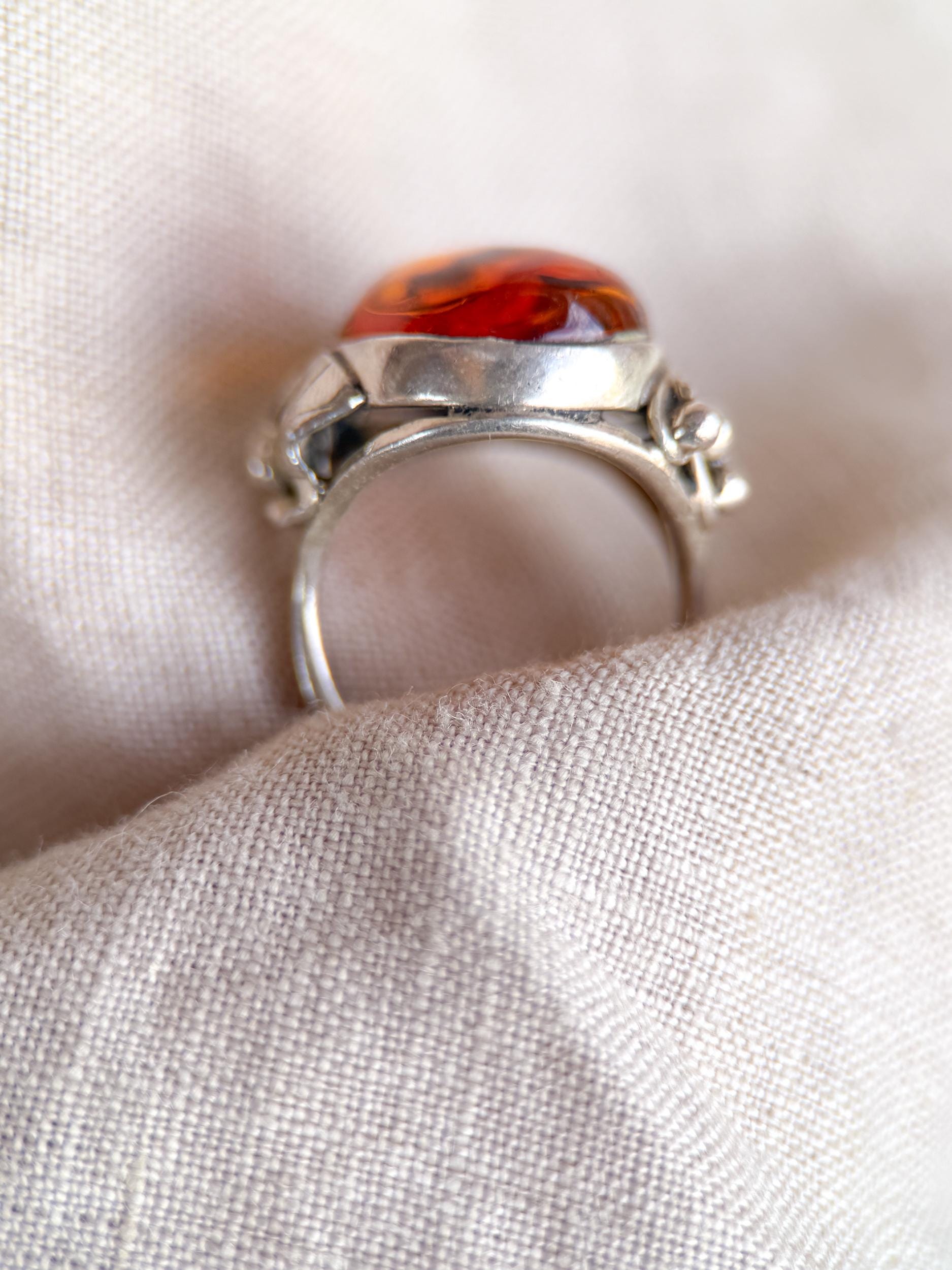 Vintage Amber Ring Sterling Silver, Floral Filigree Oval Statement Ring, Boho Everyday Jewelry