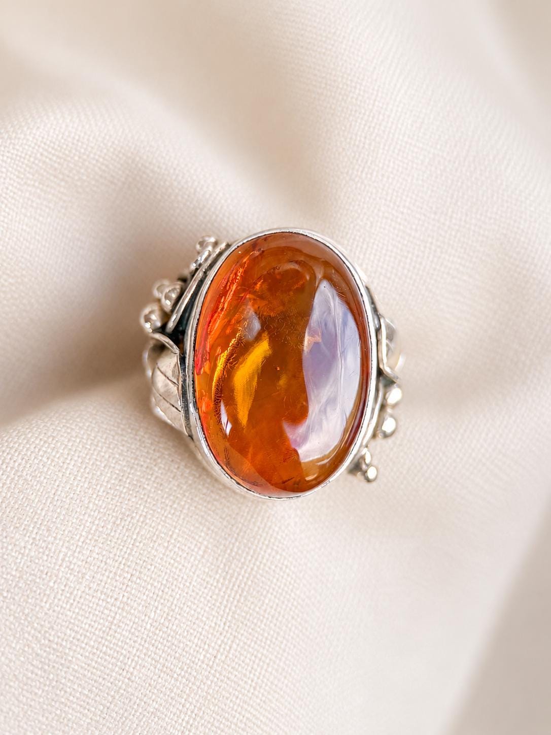 Vintage Amber Ring Sterling Silver, Floral Filigree Oval Statement Ring, Boho Everyday Jewelry