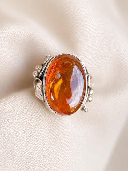 Vintage Amber Ring Sterling Silver, Floral Filigree Oval Statement Ring, Boho Everyday Jewelry