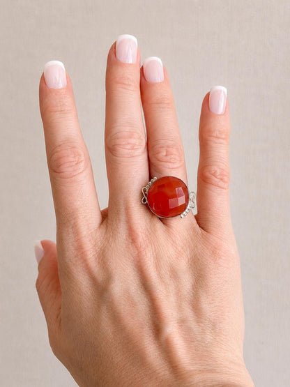 Vintage Carnelian Ring, Sterling Silver Faceted Bezel Statement Ring, Bold Everyday Jewelry