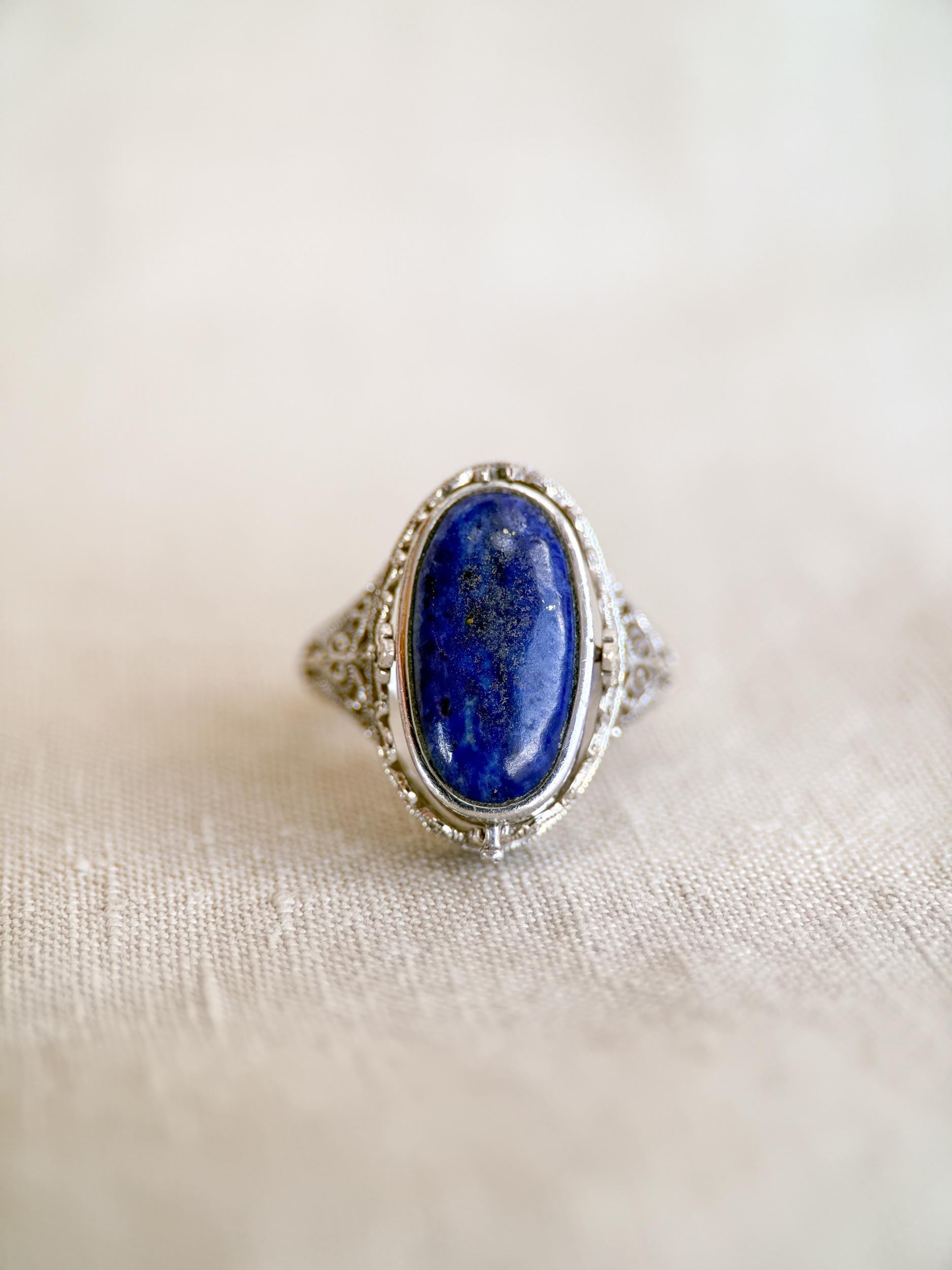 Vintage Cameo and Lapis Flip Ring, Sterling Silver Oval Filigree Reversible Ring, Unique Jewelry