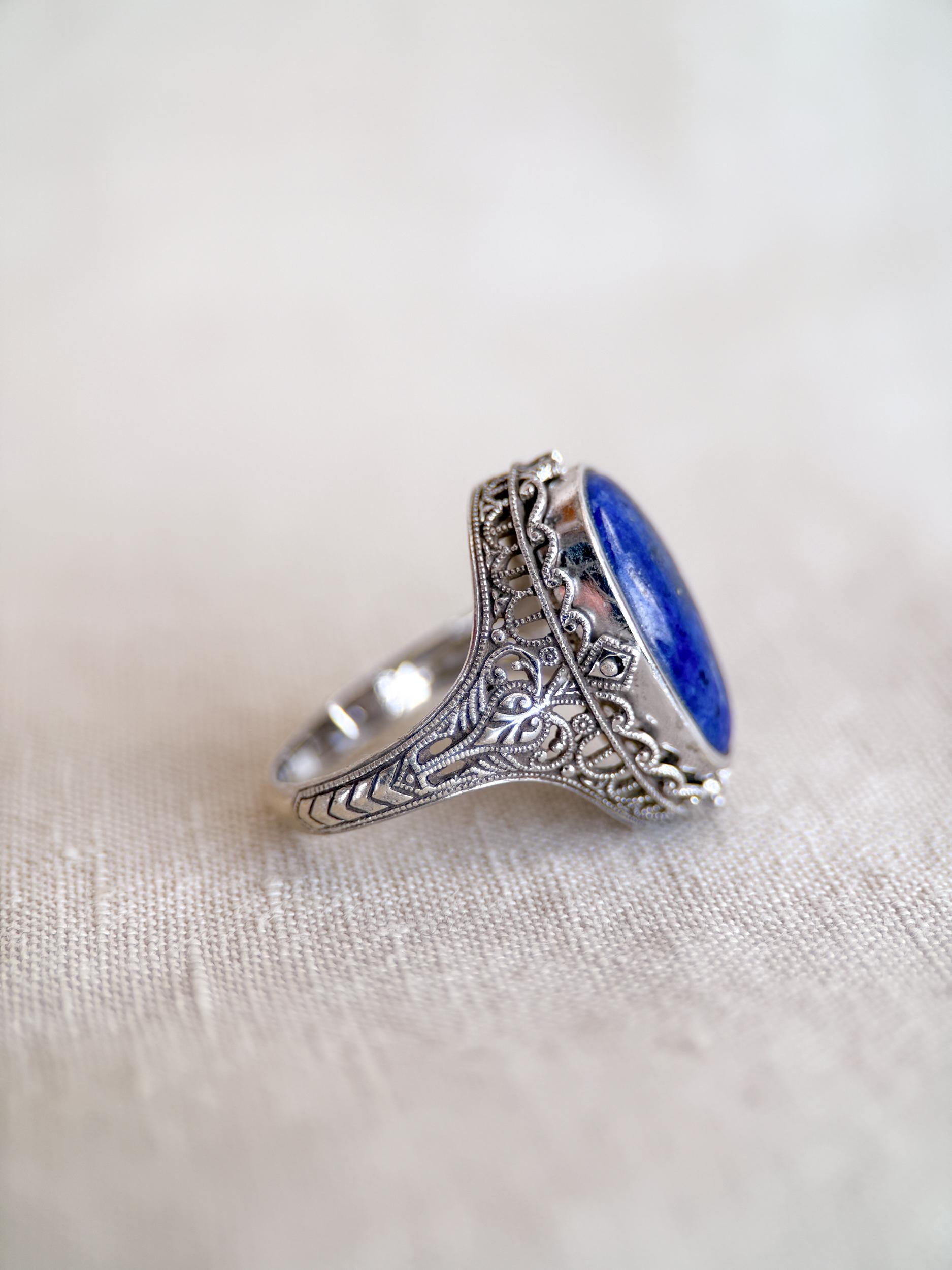 Vintage Cameo and Lapis Flip Ring, Sterling Silver Oval Filigree Reversible Ring, Unique Jewelry