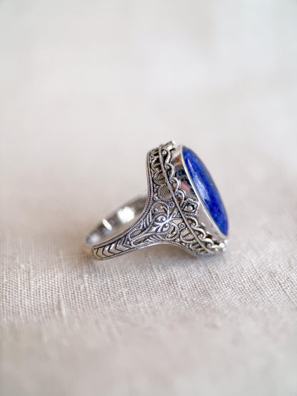 Vintage Cameo and Lapis Flip Ring, Sterling Silver Oval Filigree Reversible Ring, Unique Jewelry