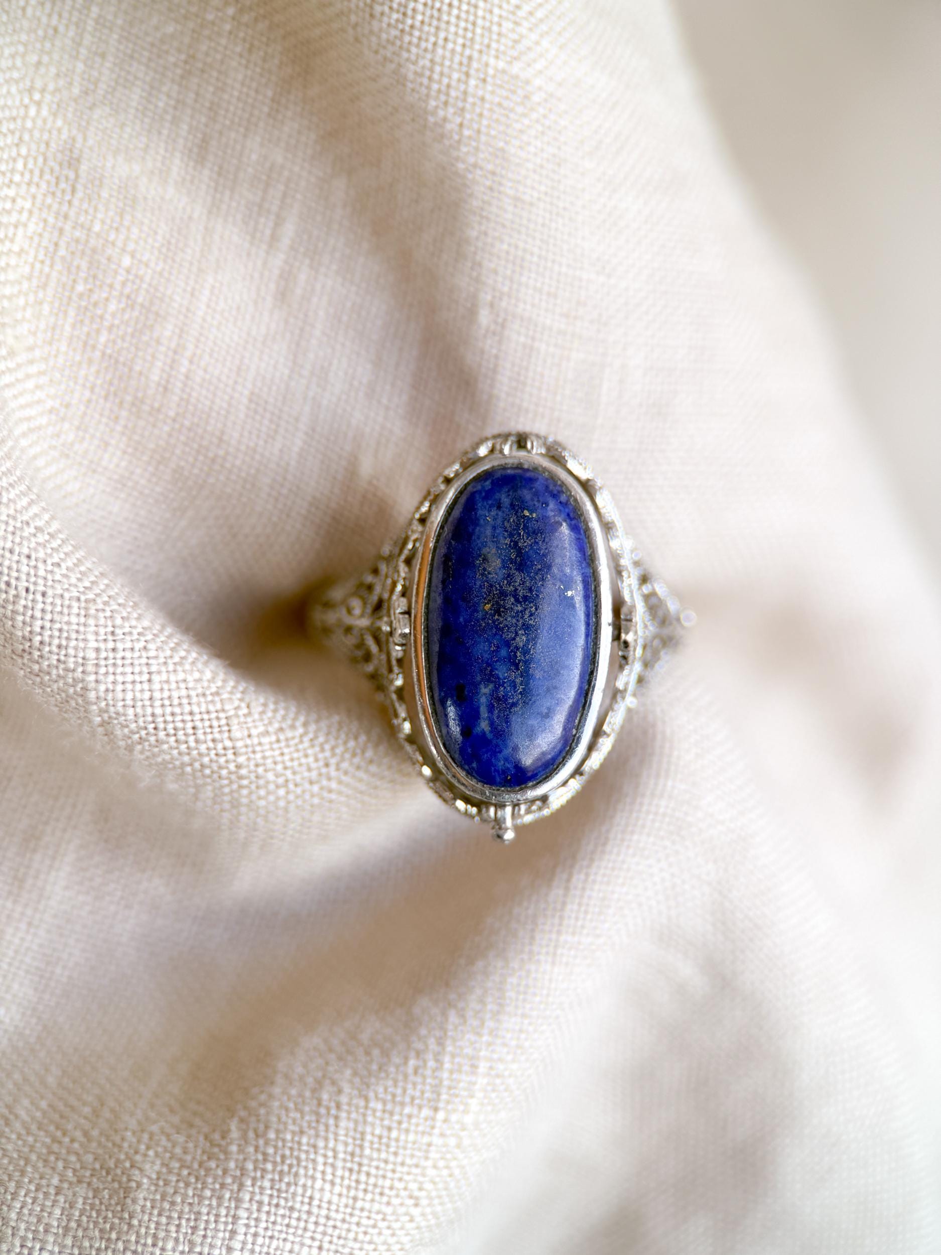 Vintage Cameo and Lapis Flip Ring, Sterling Silver Oval Filigree Reversible Ring, Unique Jewelry