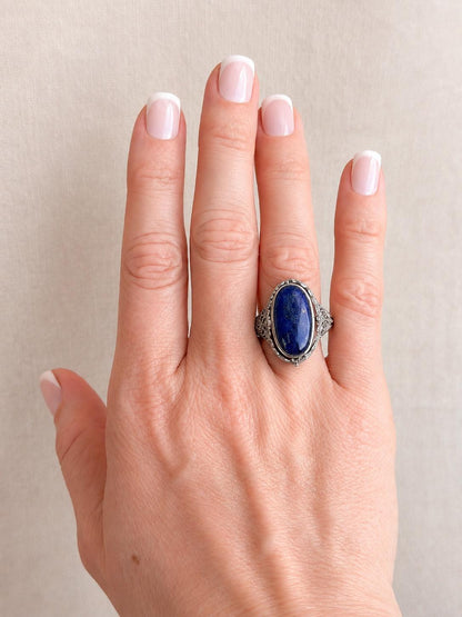 Vintage Cameo and Lapis Flip Ring, Sterling Silver Oval Filigree Reversible Ring, Unique Jewelry