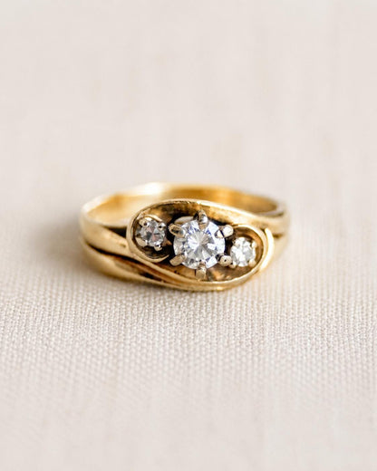 Vintage Diamond Engagement Ring and Wedding Band, 14k Gold, Three Stone Swirl Bridal Set