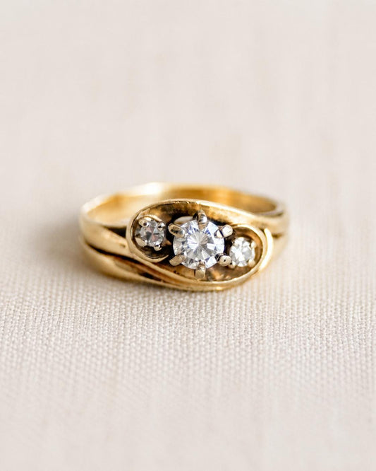 Vintage Diamond Engagement Ring and Wedding Band, 14k Gold, Three Stone Swirl Bridal Set