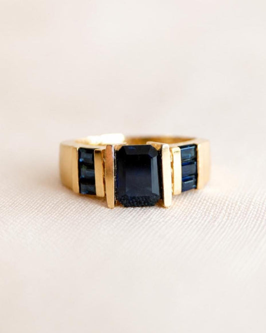 Vintage Sapphire and Diamond Engagement Ring, 14k Gold, Channel Emerald Baguette, Alternative Bridal Jewelry