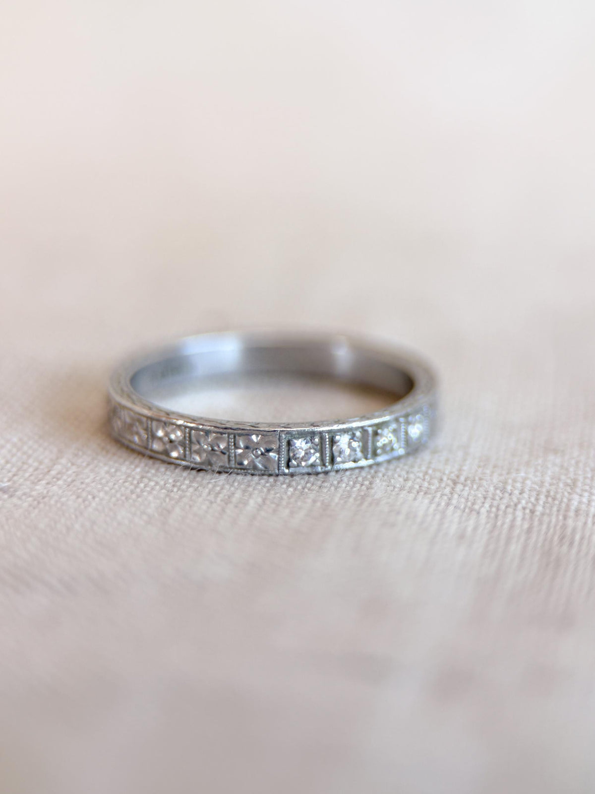 Vintage Diamond Wedding Band, Platinum, Art Deco Antique Filigree Minimalist Ring, Stacking Band