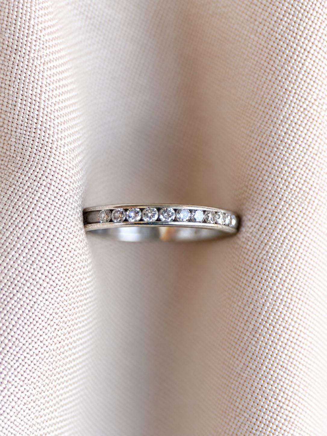 Vintage Diamond Wedding Band, 14k White Gold, Channel Set Round Cut Ring, Stacking Band