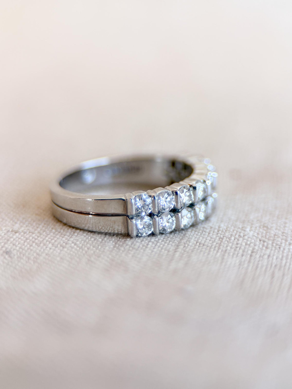 Vintage Diamond Wedding Band, Platinum Double Row Channel Ring, Stacking Band