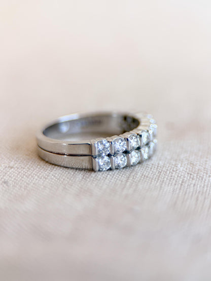 Vintage Diamond Wedding Band, Platinum Double Row Channel Ring, Stacking Band