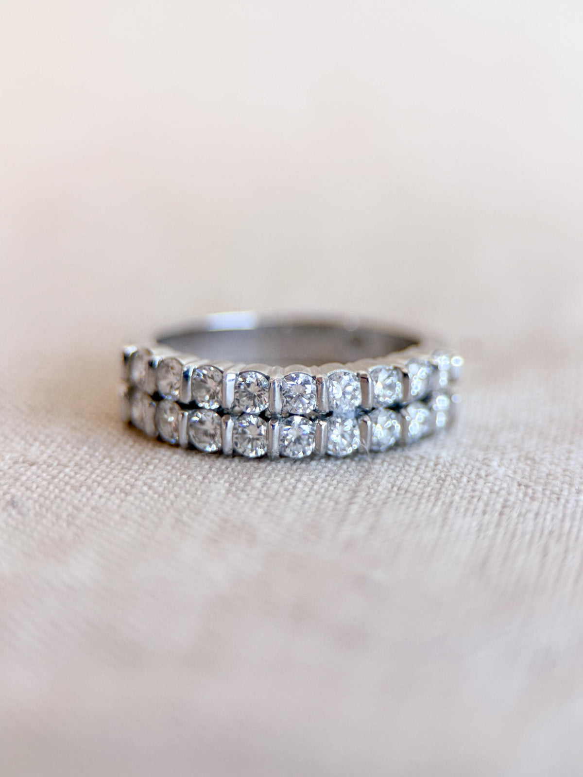 Vintage Diamond Wedding Band, Platinum Double Row Channel Ring, Stacking Band