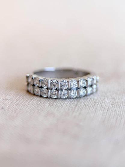 Vintage Diamond Wedding Band, Platinum Double Row Channel Ring, Stacking Band