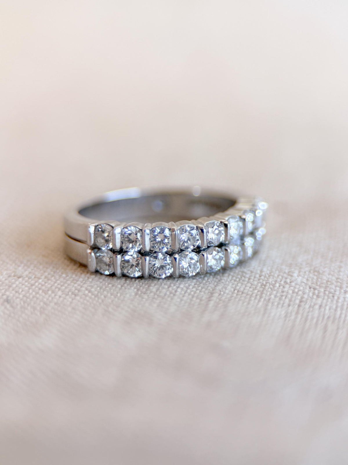 Vintage Diamond Wedding Band, Platinum Double Row Channel Ring, Stacking Band