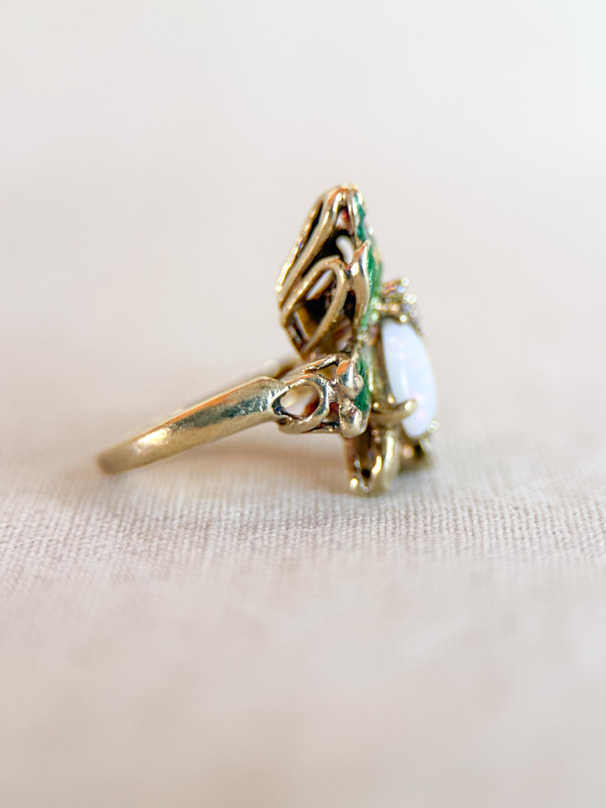 Vintage Opal Butterfly Ring, 14k Gold, Green Enamel Statement Ring, Unique Gemstone Jewelry