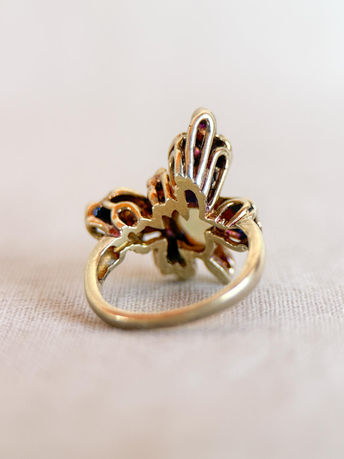 Vintage Opal Butterfly Ring, 14k Gold, Green Enamel Statement Ring, Unique Gemstone Jewelry