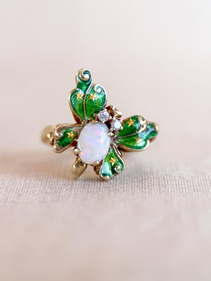 Vintage Opal Butterfly Ring, 14k Gold, Green Enamel Statement Ring, Unique Gemstone Jewelry