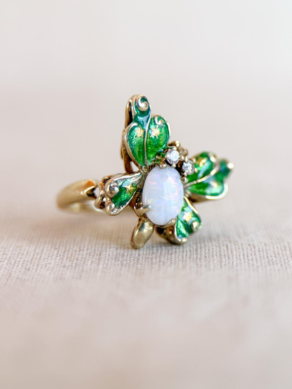 Vintage Opal Butterfly Ring, 14k Gold, Green Enamel Statement Ring, Unique Gemstone Jewelry