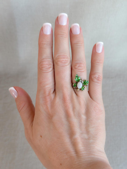 Vintage Opal Butterfly Ring, 14k Gold, Green Enamel Statement Ring, Unique Gemstone Jewelry