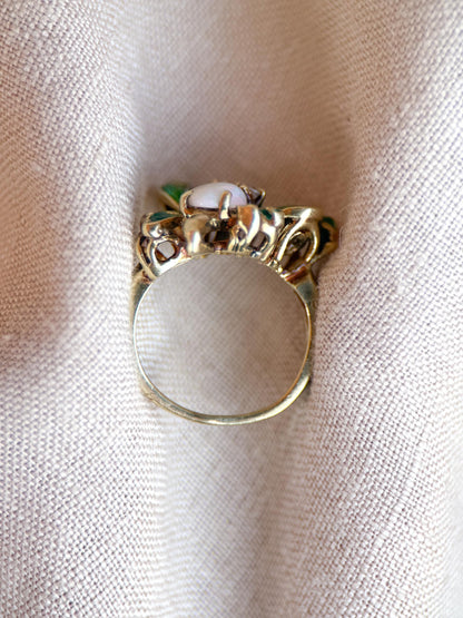 Vintage Opal Butterfly Ring, 14k Gold, Green Enamel Statement Ring, Unique Gemstone Jewelry