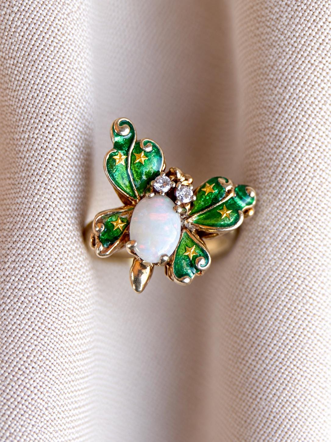 Vintage Opal Butterfly Ring, 14k Gold, Green Enamel Statement Ring, Unique Gemstone Jewelry
