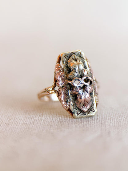 Vintage Black Hills Gold Ring, 10k Tri-Colored Leaf Statement Ring, Unique Floral Jewelry