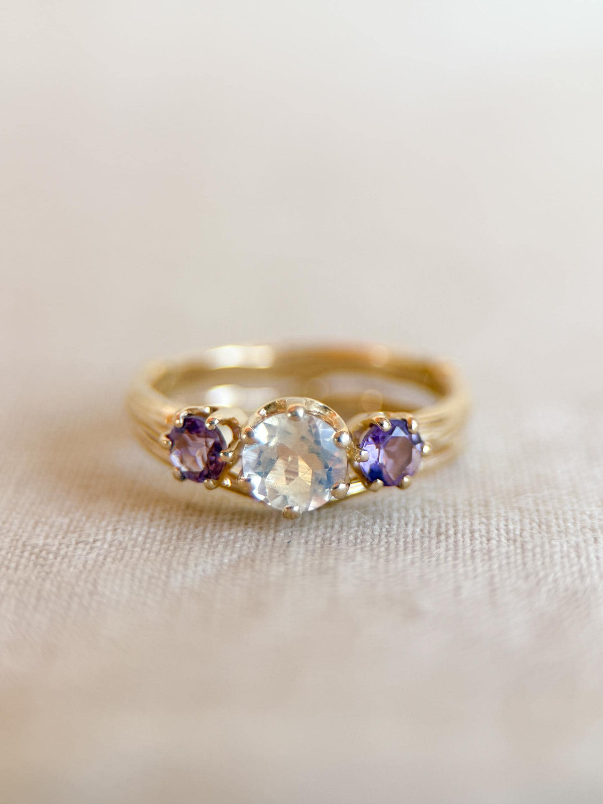 Vintage Moonstone and Amethyst Engagement Ring, Round Cut, 14k Gold, Three Stone Bridal Set