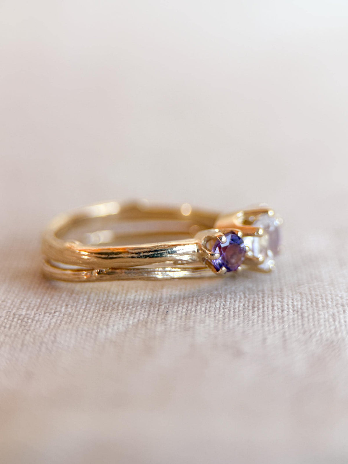 Vintage Moonstone and Amethyst Engagement Ring, Round Cut, 14k Gold, Three Stone Bridal Set
