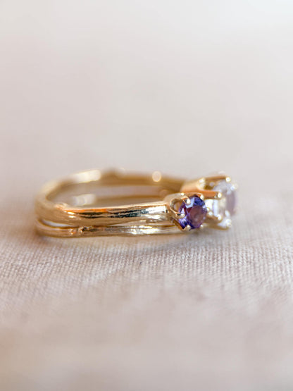 Vintage Moonstone and Amethyst Engagement Ring, Round Cut, 14k Gold, Three Stone Bridal Set