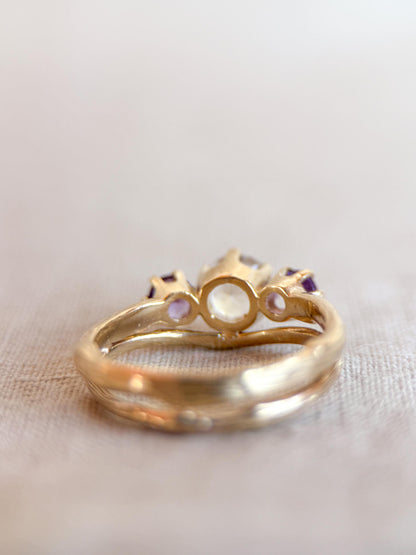 Vintage Moonstone and Amethyst Engagement Ring, Round Cut, 14k Gold, Three Stone Bridal Set