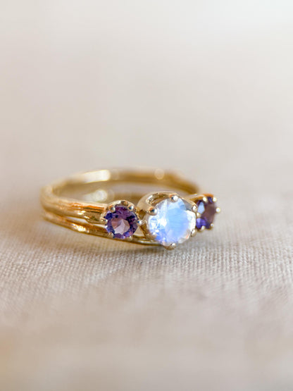 Vintage Moonstone and Amethyst Engagement Ring, Round Cut, 14k Gold, Three Stone Bridal Set