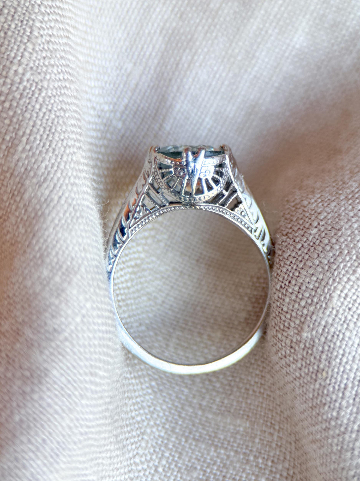 Vintage Aquamarine Engagement Ring, Round Cut, 14k White Gold, Antique Replica Filigree Bridal Ring