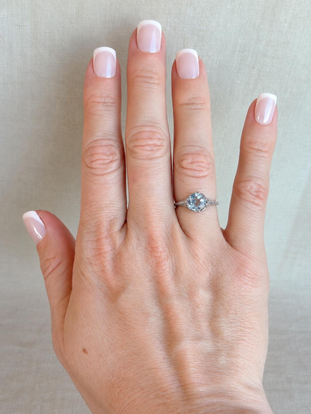 Vintage Aquamarine Engagement Ring, Round Cut, 14k White Gold, Antique Replica Filigree Bridal Ring