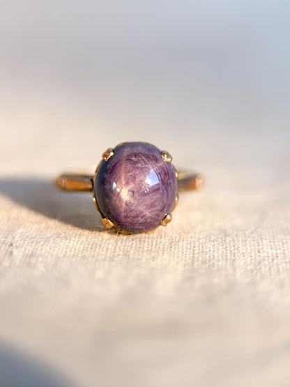 Vintage Purple Star Sapphire Ring, 14k Gold Oval Solitaire Statement Ring, Unique Gemstone Jewelry