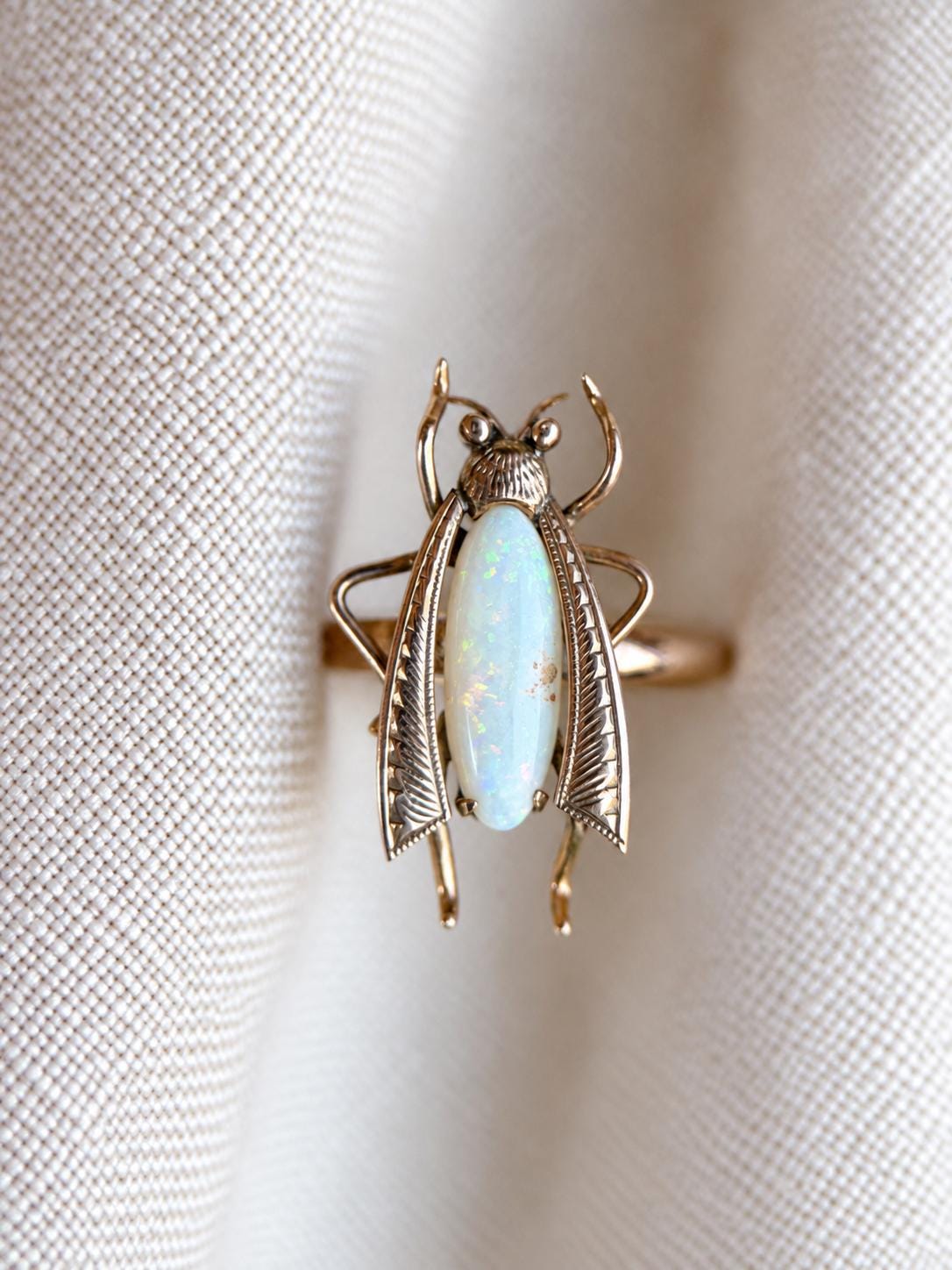 Vintage Opal Insect Ring, 18k Gold Art Nouveau Statement Ring, Unique Gemstone Bug Jewelry
