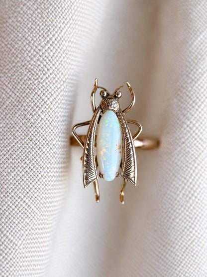 Vintage Opal Insect Ring, 18k Gold Art Nouveau Statement Ring, Unique Gemstone Bug Jewelry