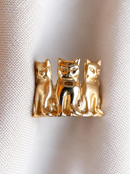 Vintage Cat Ring, 14k Gold Three Cats Statement Ring, Unique Animal Jewelry