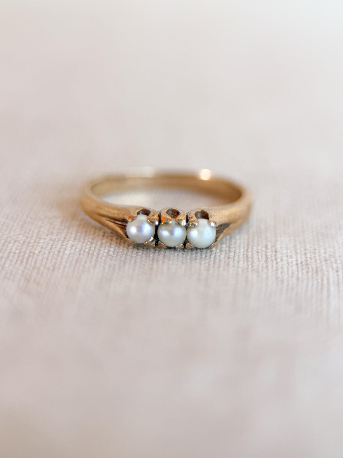 Vintage Pearl Engagement Ring, Three Stone 10k Gold Unique Bridal Ring