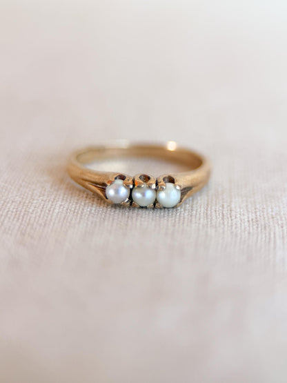 Vintage Pearl Engagement Ring, Three Stone 10k Gold Unique Bridal Ring