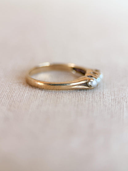 Vintage Pearl Engagement Ring, Three Stone 10k Gold Unique Bridal Ring