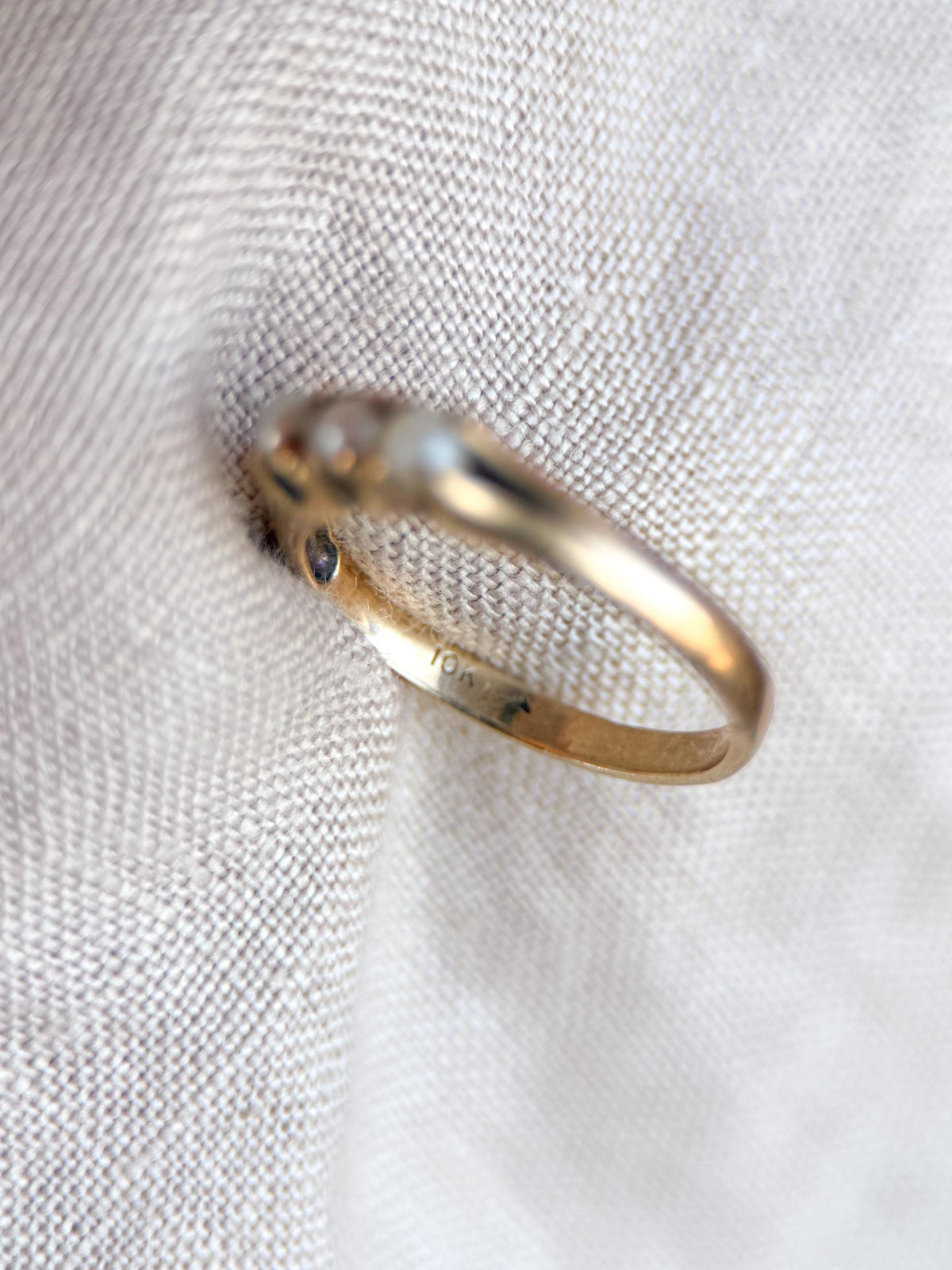 Vintage Pearl Engagement Ring, Three Stone 10k Gold Unique Bridal Ring