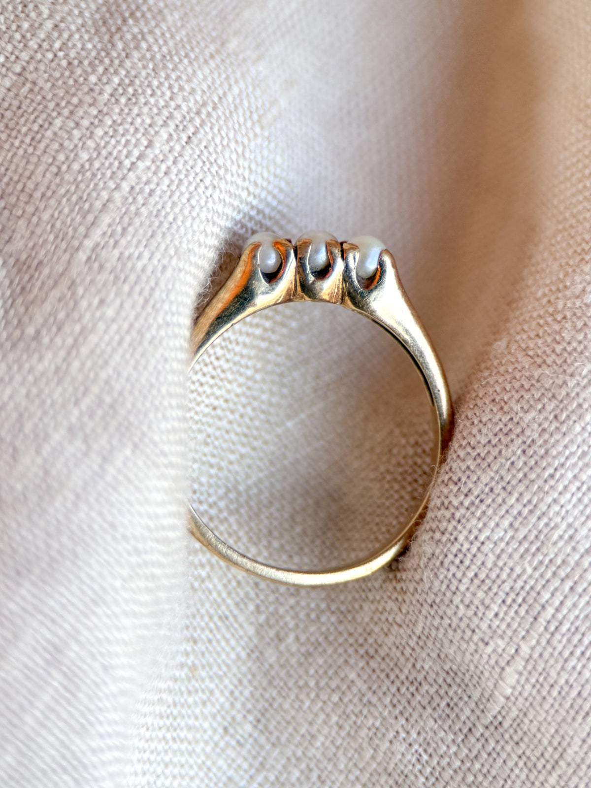 Vintage Pearl Engagement Ring, Three Stone 10k Gold Unique Bridal Ring