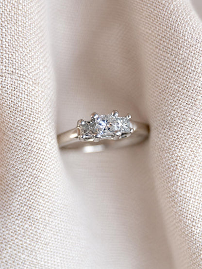 Vintage Princess Cut Diamond Engagement Ring, Platinum and 14k Three Stone Classic Bridal Jewelry