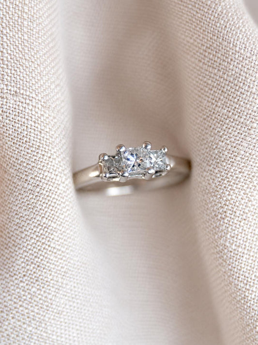 Vintage Princess Cut Diamond Engagement Ring, Platinum and 14k Three Stone Classic Bridal Jewelry