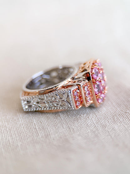 Vintage Pink Topaz Cluster Ring, Sterling Silver, Filigree Statement Ring, Bold Cocktail Jewelry