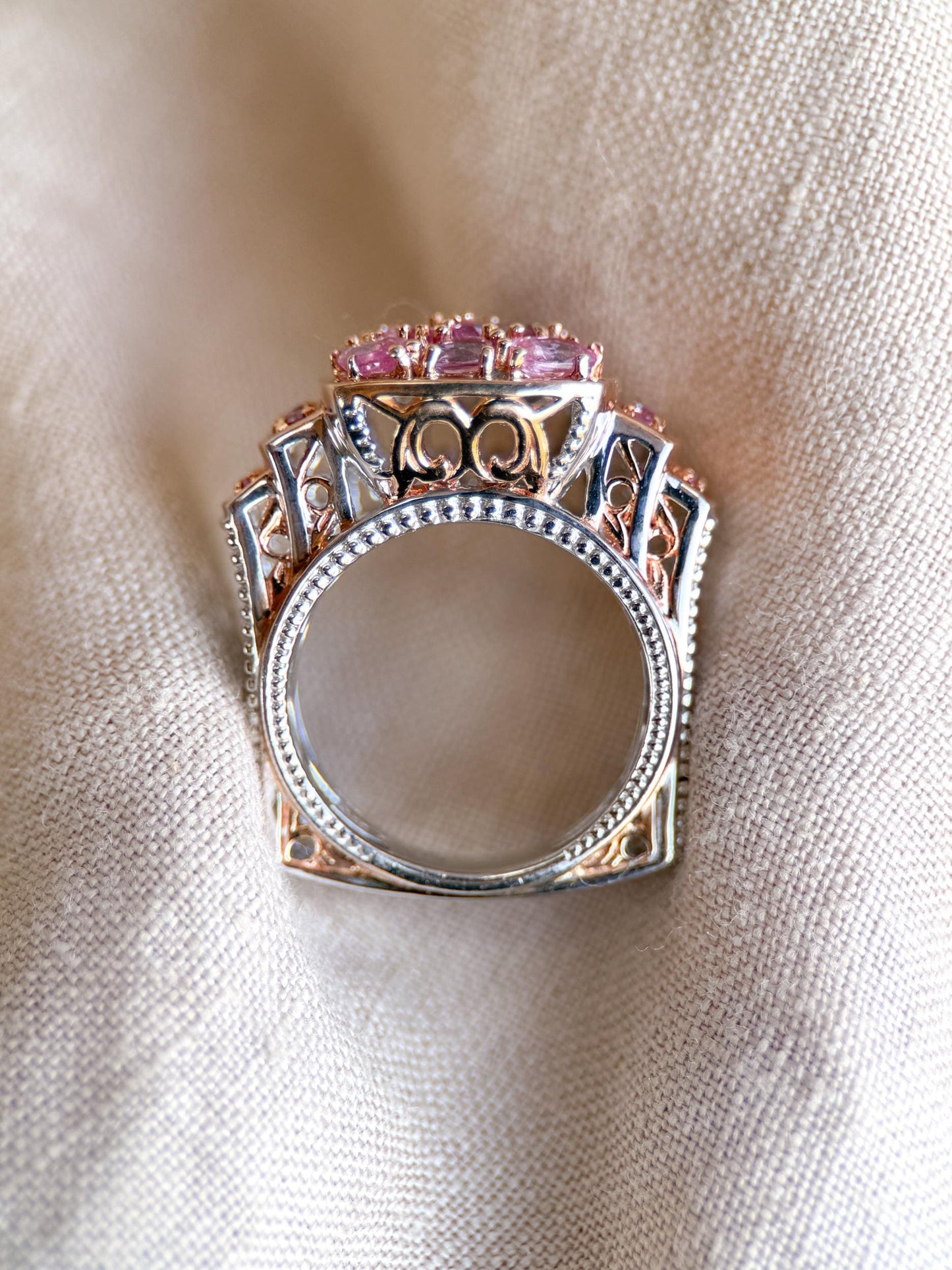 Vintage Pink Topaz Cluster Ring, Sterling Silver, Filigree Statement Ring, Bold Cocktail Jewelry