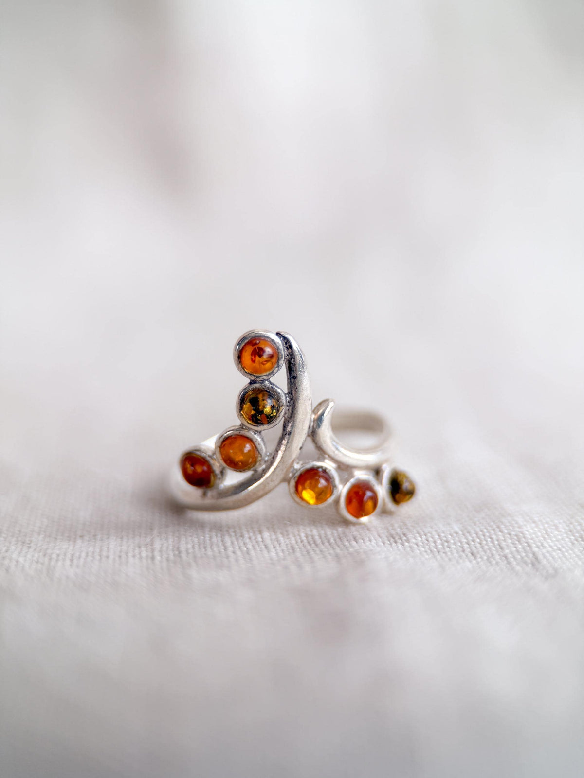 Vintage Amber Ring, Sterling Silver Floral Swirl Statement Ring, Boho Everyday Jewelry