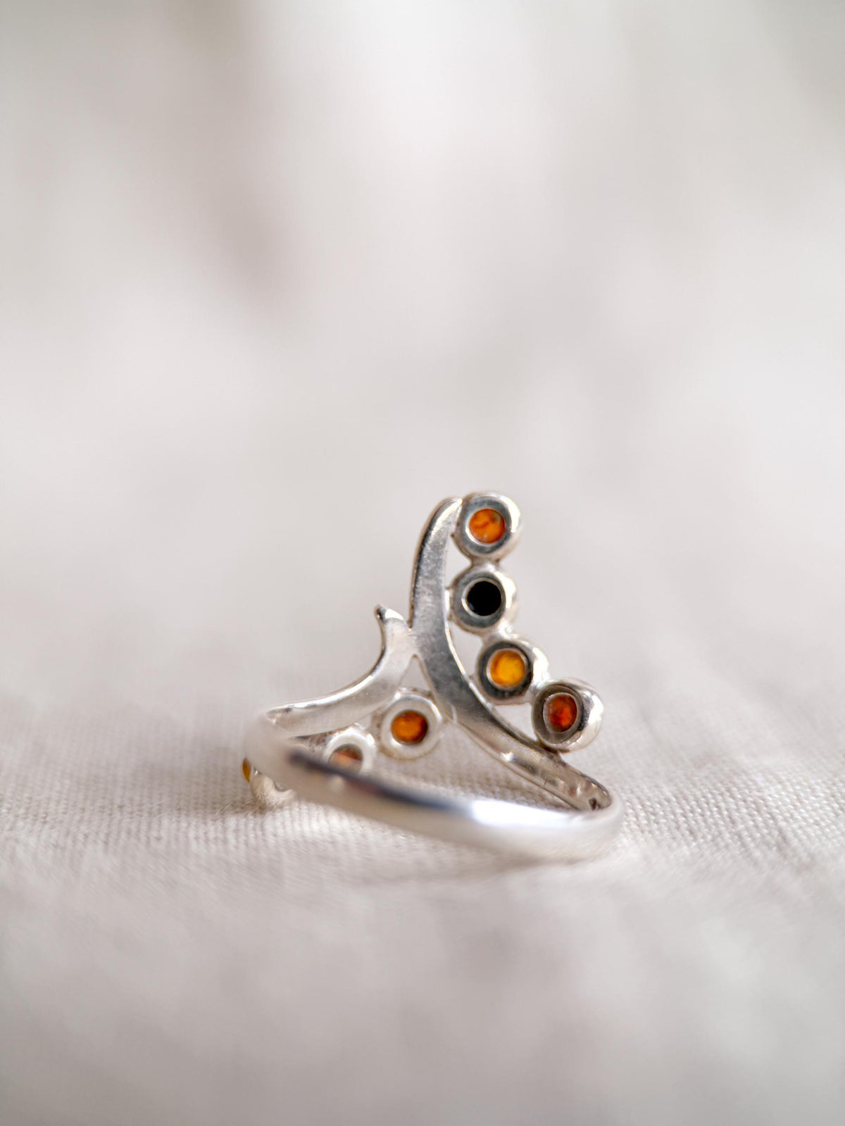 Vintage Amber Ring, Sterling Silver Floral Swirl Statement Ring, Boho Everyday Jewelry