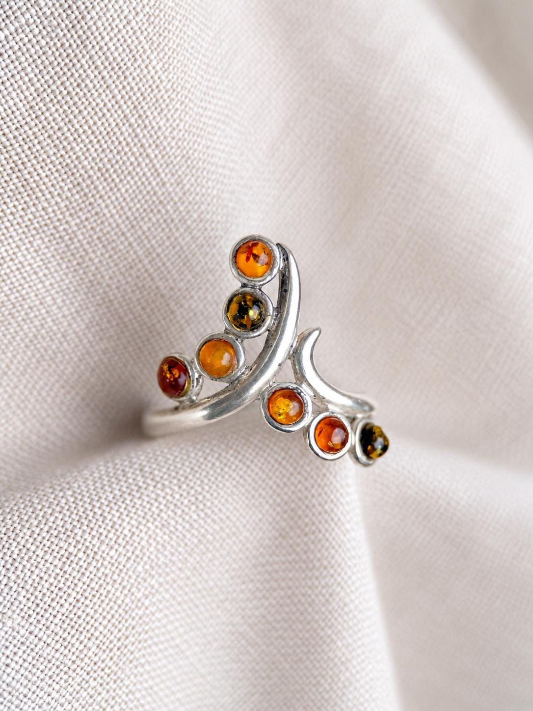 Vintage Amber Ring, Sterling Silver Floral Swirl Statement Ring, Boho Everyday Jewelry